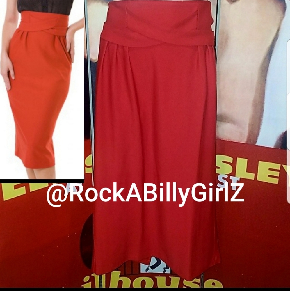 Tatyana Vickie Vintage 1950's Red Pencil Pinup Skirt w Criss Cross Twist Waist